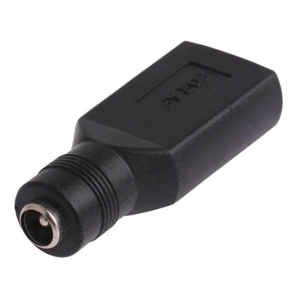 USB Female to 5.5mm Adapter for Device Connections black compact adapter showing USB female end and 5.5 x 2.1mm plug connector