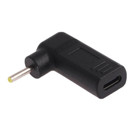 2.5mm Male to USB-C Female Elbow Adapter for Laptops and Devices showing black right-angle converter reducing cable strain