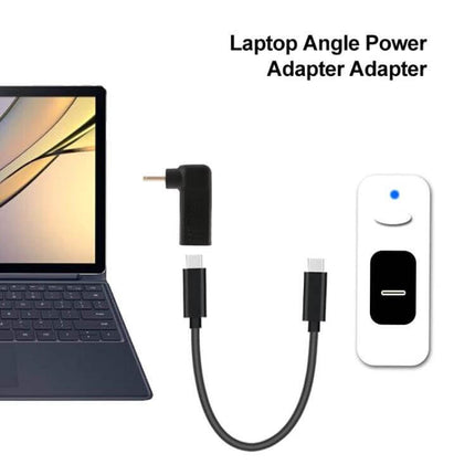 2.5mm Male to USB-C Female Elbow Adapter for Laptops and Devices showing elbow connector, short USB-C cable and laptop for low-strain charging