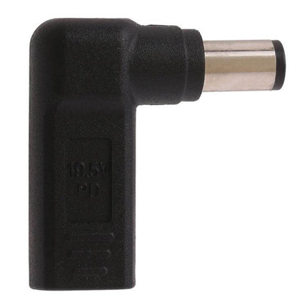 Portable Elbow USB-C to HP Laptop Charging Adapter showing black L-shaped 7.4x5.0mm male plug and Type-C female connector for travel charging