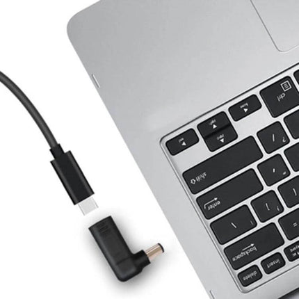 Portable Elbow USB-C to HP Laptop Charging Adapter shown plugged into HP laptop keyboard area with compact 90-degree 7.4x5.0mm male tip