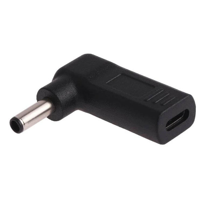 USB-C Female to 4.5 x 3.0mm Male Elbow Adapter Connector, right-angle black adapter for charging and port strain relief