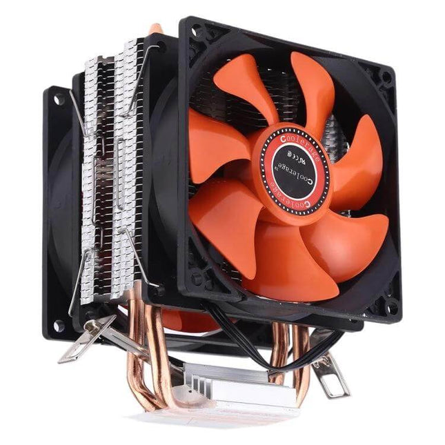CoolAge Double Fan CPU Heatsink for Desktop Overheating Protection with orange dual fans and copper heat pipes