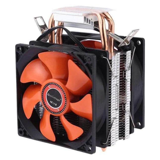 CoolAge Double Fan CPU Heatsink for Desktop Overheating Protection with orange dual fans and copper heatpipes