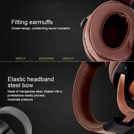 ISK Wired Studio Headphones Closed Over Ear For Monitoring close-up of brown cushioned earcup and elastic headband for isolation and comfort