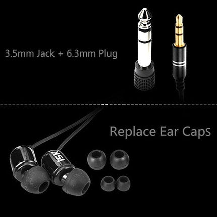 ISK Wired In Ear Earphones For Commuting And Calls showing 3.5mm jack 6.3mm adapter and replaceable ear caps