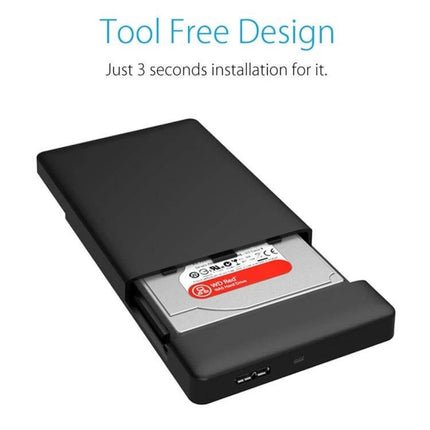 ORICO External Enclosure for 2.5 Inch SATA Laptop Drives showing tool-free design with 2.5-inch HDD partially inserted and USB port visible