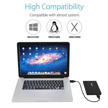 ORICO External Enclosure for 2.5 Inch SATA Laptop Drives connected to laptop via USB showing compatibility with Windows Linux Mac
