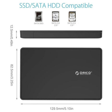 ORICO External Enclosure for 2.5 Inch SATA Laptop Drives black 2.5in HDD SSD portable USB dimensions 129.5×82.5×12.5mm