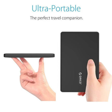 ORICO External Enclosure for 2.5 Inch SATA Laptop Drives ultra-portable black 2.5" HDD SSD USB pocket enclosure shown in hand
