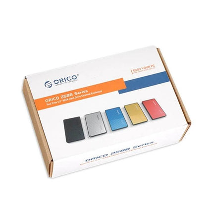 ORICO External Enclosure for 2.5 Inch SATA Laptop Drives - boxed kit showing multiple colored 2.5" drive enclosures and packaging