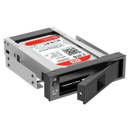 ORICO Enclosure for 3.5 Inch Internal Hard Drives in Optical Bays — desktop bay adapter with 3.5" HDD installed and front tray open