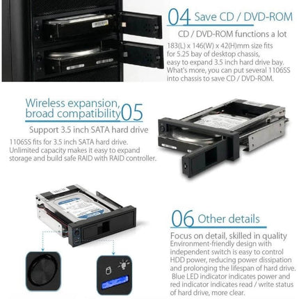 ORICO Enclosure for 3.5 Inch Internal Hard Drives in Optical Bays installed in desktop optical bay showing drive trays and HDD