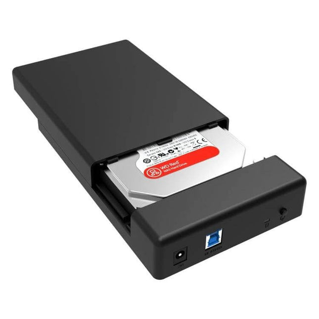 ORICO Enclosure for 2.5 and 3.5 Inch HDD Storage and Backup – black USB 3.0 external SATA dock with 3.5" HDD partially inserted