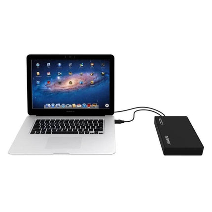 ORICO Enclosure for 2.5 and 3.5 Inch HDD Storage and Backup connected to laptop via USB for easy data transfer and backup