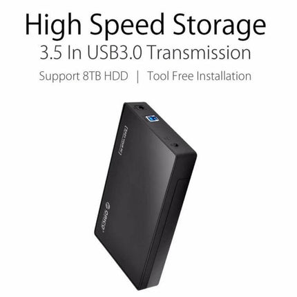 ORICO Enclosure for 2.5 and 3.5 Inch HDD Storage and Backup — black USB 3.0 external enclosure supporting 8TB, tool-free installation