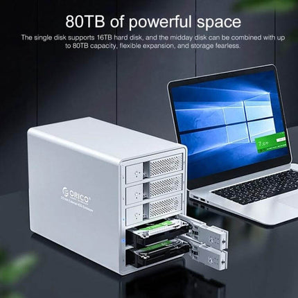 Orico 5-Bay Aluminum Enclosure for 3.5 Inch HDD and SSD Storage shown with five drives and laptop for USB 3.0 backups