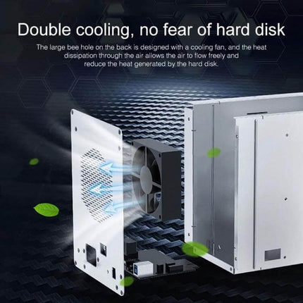 Orico 5-Bay Aluminum Enclosure for 3.5 Inch HDD and SSD Storage showing rear cooling fan, USB 3.0 port and ventilation for efficient heat dissipation