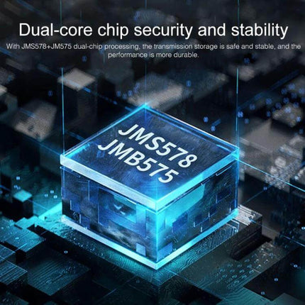 Orico 5-Bay Aluminum Enclosure for 3.5 Inch HDD and SSD Storage showing JM578/JM575 dual-core chip for secure, stable USB 3.0 data transfer