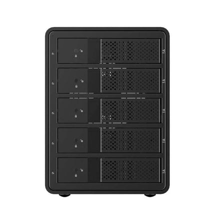 Orico 5-Bay Aluminum Enclosure for 3.5 Inch HDD and SSD Storage front view showing five hot-swap trays and USB 3.0 connectivity for fast backups
