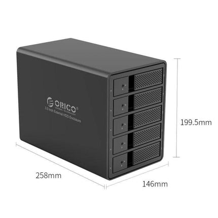 Orico 5-Bay Aluminum Enclosure for 3.5 Inch HDD and SSD Storage - black USB 3.0 five-bay desktop HDD/SSD housing (258×146×199.5mm)