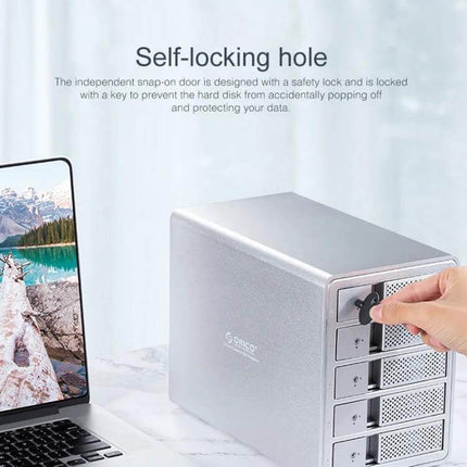 Orico 5-Bay Aluminum Enclosure for 3.5 Inch HDD and SSD Storage showing self-locking hole and keyed lock on front bay