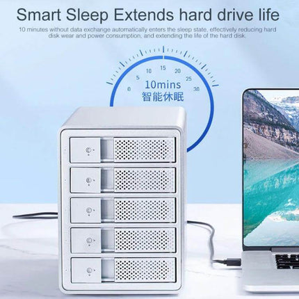 Orico 5-Bay Aluminum Enclosure for 3.5 Inch HDD and SSD Storage shown connected via USB 3.0 to laptop, five-drive bays and smart sleep feature