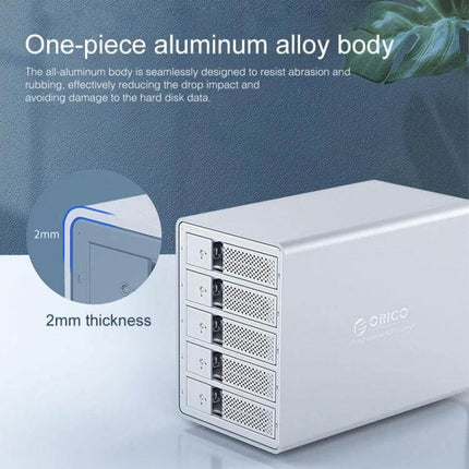 Orico 5-Bay Aluminum Enclosure for 3.5 Inch HDD and SSD Storage - silver one-piece 2mm aluminum alloy body showing five drive bays and USB 3.0 connectivity