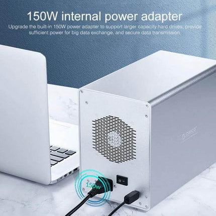 Orico 5-Bay Aluminum Enclosure for 3.5 Inch HDD and SSD Storage showing rear fan, power input and USB 3.0 connection