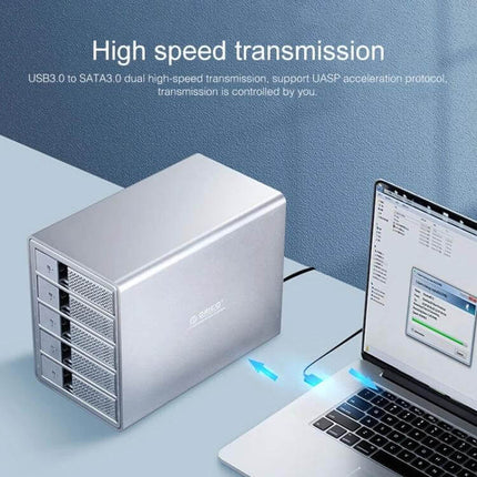 Orico 5-Bay Aluminum Enclosure for 3.5 Inch HDD and SSD Storage connected to laptop via USB 3.0 showing high-speed transmission