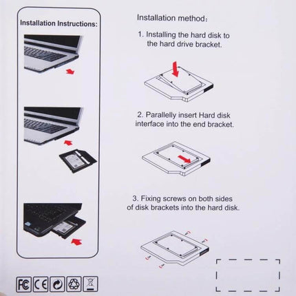 Universal Adapter for 9.5mm Hard Drive Caddy in Laptops for Storage installation diagram showing how to insert a 2.5-inch SATA drive into the optical bay