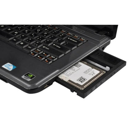 Universal Adapter for 9.5mm Hard Drive Caddy in Laptops for Storage showing a 2.5-inch SATA drive installed in laptop optical bay