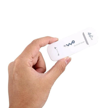 Hand holding white 4G WiFi Wireless USB Modem for Portable Internet Access showing compact portable design