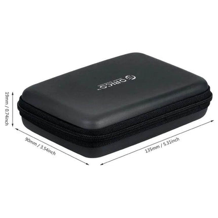 ORICO Protective Case for 2.5 Inch Hard Drives black zippered travel case with shockproof, water-resistant exterior and dimensions shown