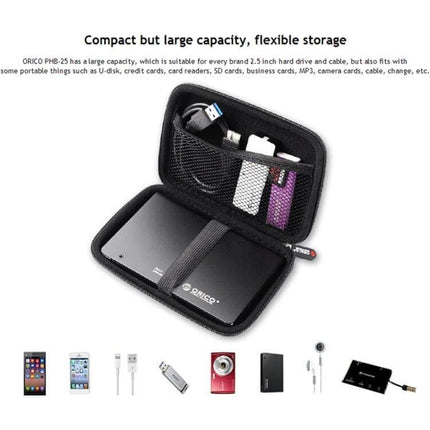 ORICO Protective Case for 2.5 Inch Hard Drives open carrying a 2.5" drive, cables and accessories, compact travel storage protective pouch