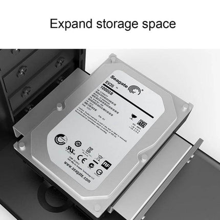 ORICO Aluminum Hard Drive Caddy for 2.5 and 3.5 Inch Drives installed in desktop optical bay with 3.5-inch HDD showing expand storage