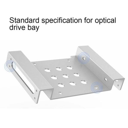ORICO Aluminum Hard Drive Caddy for 2.5 and 3.5 Inch Drives shown installed in a standard optical drive bay, aluminum mounting bracket for HDDs and SSDs