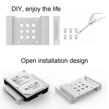 ORICO Aluminum Hard Drive Caddy for 2.5 and 3.5 Inch Drives showing open installation with 2.5/3.5 HDD SSD bracket and screws