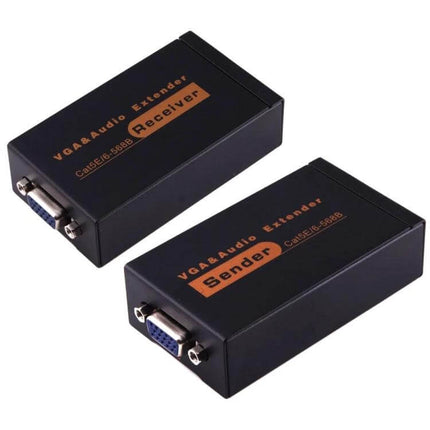 VGA and Audio Signal Extender for Up to 100 Meter Transmission – black sender and receiver units with VGA ports for Cat5e/Cat6 long‑range video/audio