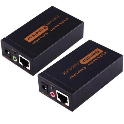VGA and Audio Signal Extender for Up to 100 Meter Transmission - black transmitter and receiver pair with RJ45 and audio jacks
