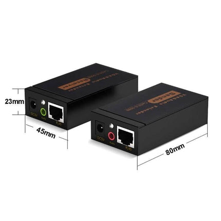 VGA and Audio Signal Extender for Up to 100 Meter Transmission - compact transmitter and receiver pair with RJ45 and audio ports