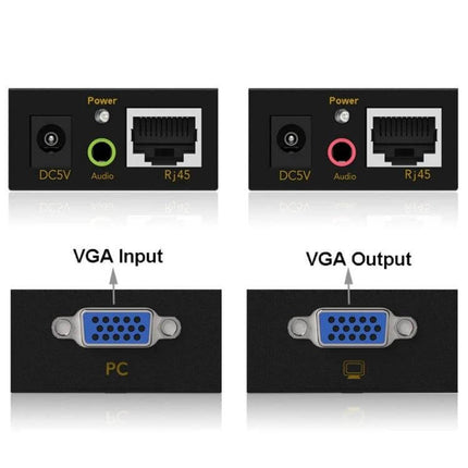 VGA and Audio Signal Extender for Up to 100 Meter Transmission front and back panels showing VGA input, VGA output, audio jacks and RJ45 ports