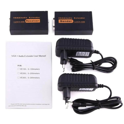 VGA and Audio Signal Extender for Up to 100 Meter Transmission - sender and receiver kit with power adapters and user manual