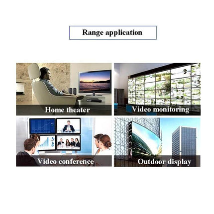 VGA and Audio Signal Extender for Up to 100 Meter Transmission showing range applications: home theater, video monitoring, video conference, outdoor display