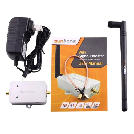 Sunhans 5.8GHz WiFi Signal Booster for Home Coverage Extension – kit with power adapter, antenna, coax cable and user manual