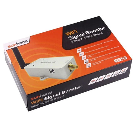 Sunhans 5.8GHz WiFi Signal Booster for Home Coverage Extension - compact 5.8GHz booster box showing antenna and packaging
