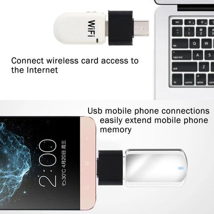 Compact USB-C Adapter for Daily Device Connections and Travel plugged between phone and laptop for easy charging and data transfer