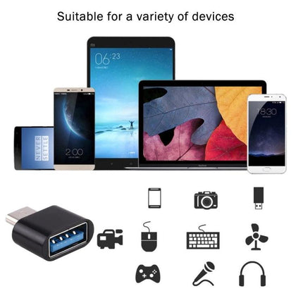 Compact USB-C Adapter for Daily Device Connections and Travel - compact adapter next to phones, tablet, laptop and device icons