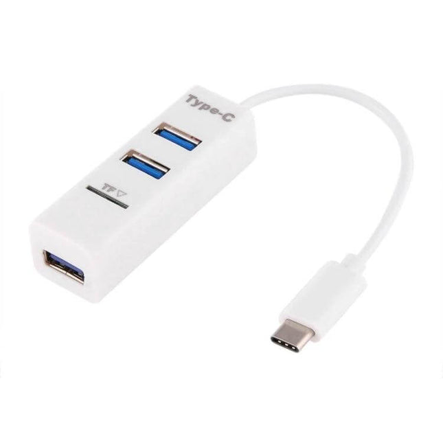 2-in-1 USB-C Hub with Multi-Port and Card Reader for Devices showing white Type-C adapter with multiple USB ports and SD card slot