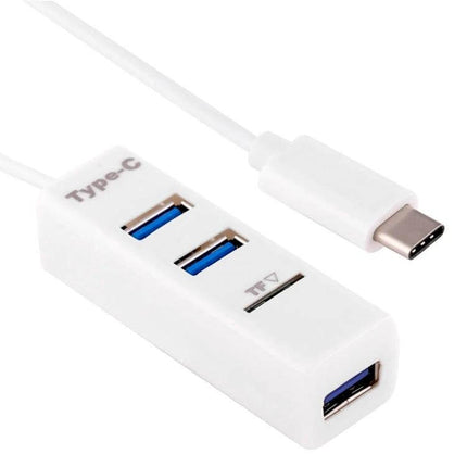 White 2-in-1 USB-C Hub with Multi-Port and Card Reader for Devices showing Type-C plug, three USB ports and TF card slot